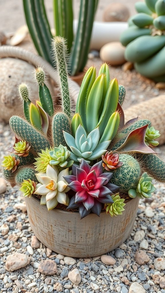 A colorful arrangement of succulents and cacti in a rustic pot, set against a pebbled background.
