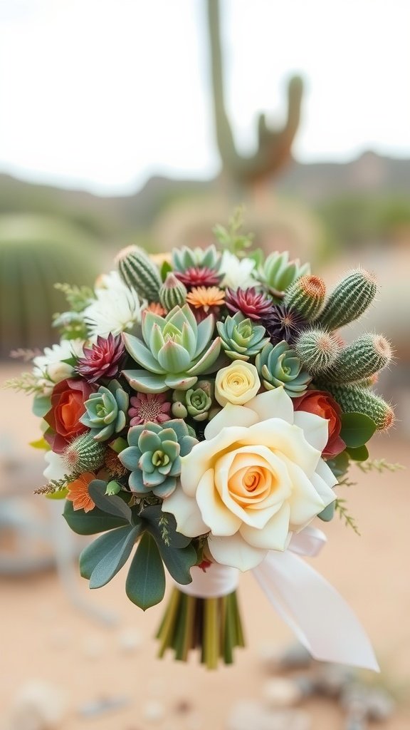 A vibrant bouquet featuring succulents, cacti, and a white rose, set against a desert background.