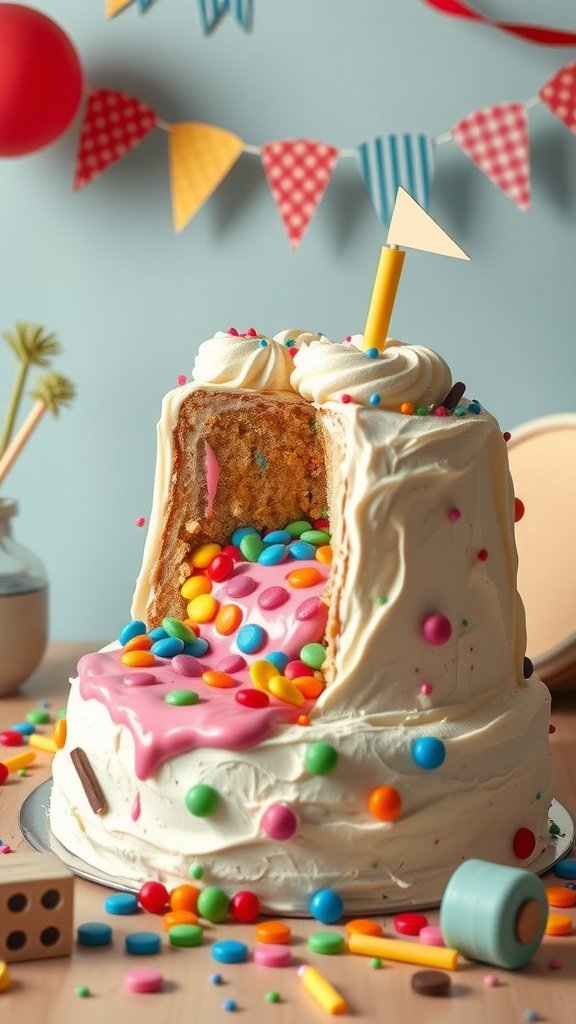 A colorful cake with a slice taken out, revealing candies pouring out from the inside.