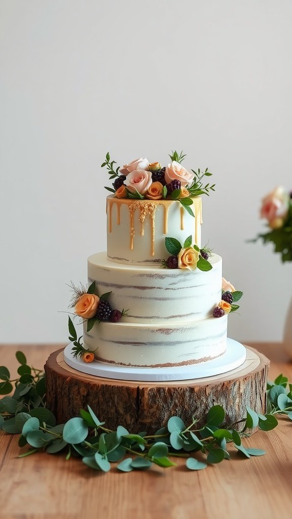 A luxury wedding cake with floral decorations and a golden drip on a wooden base