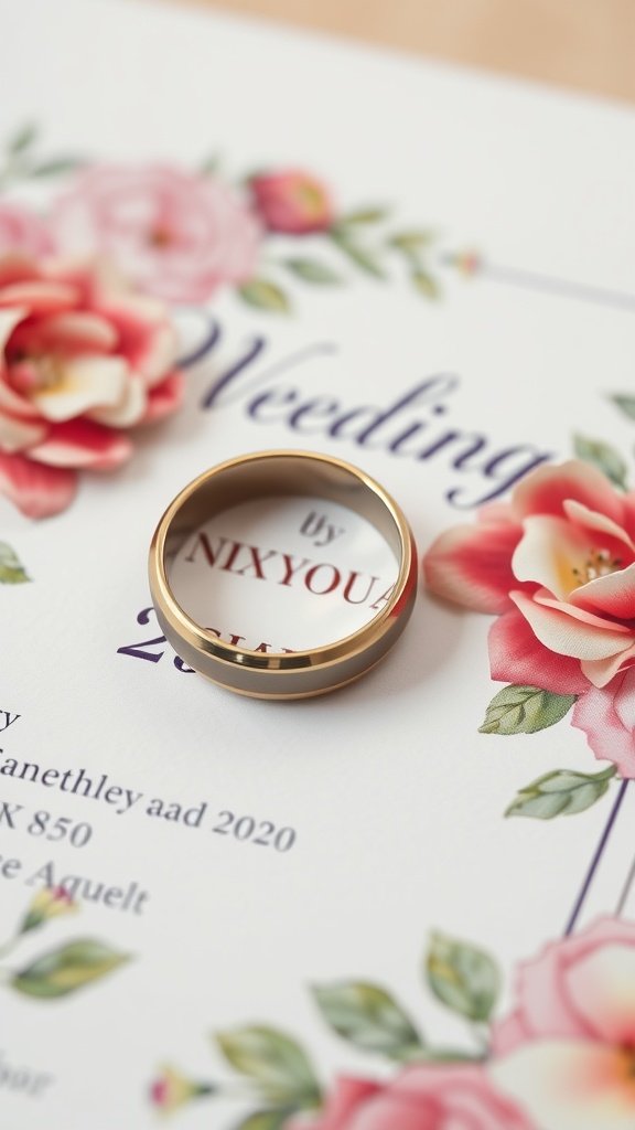 A gold wedding band resting on a floral wedding invitation.