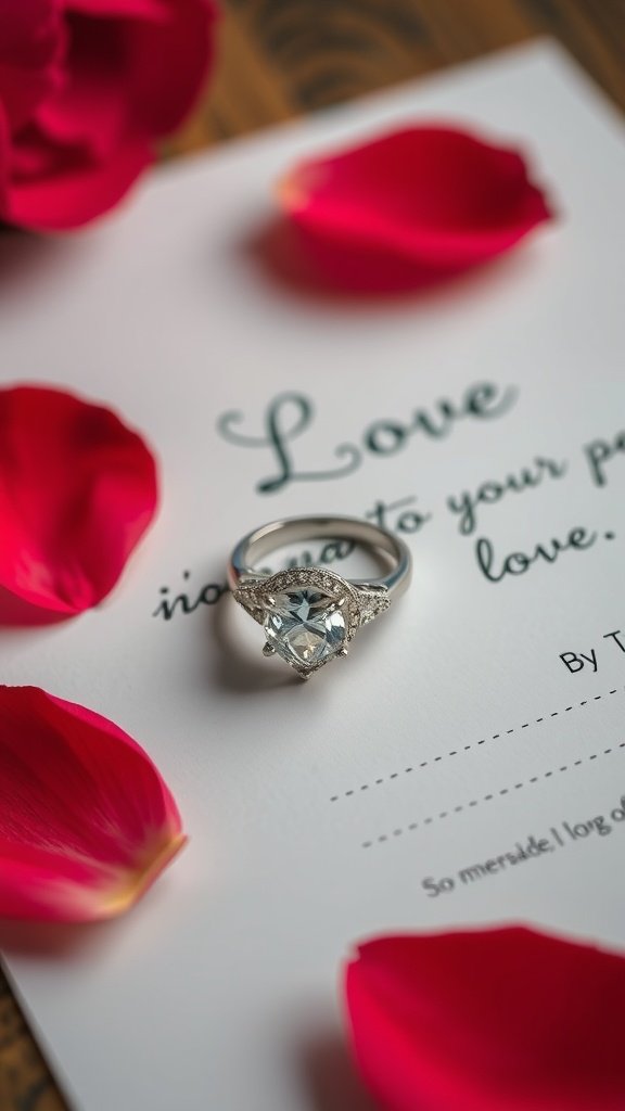 An engagement ring on a card surrounded by rose petals, symbolizing love and commitment.