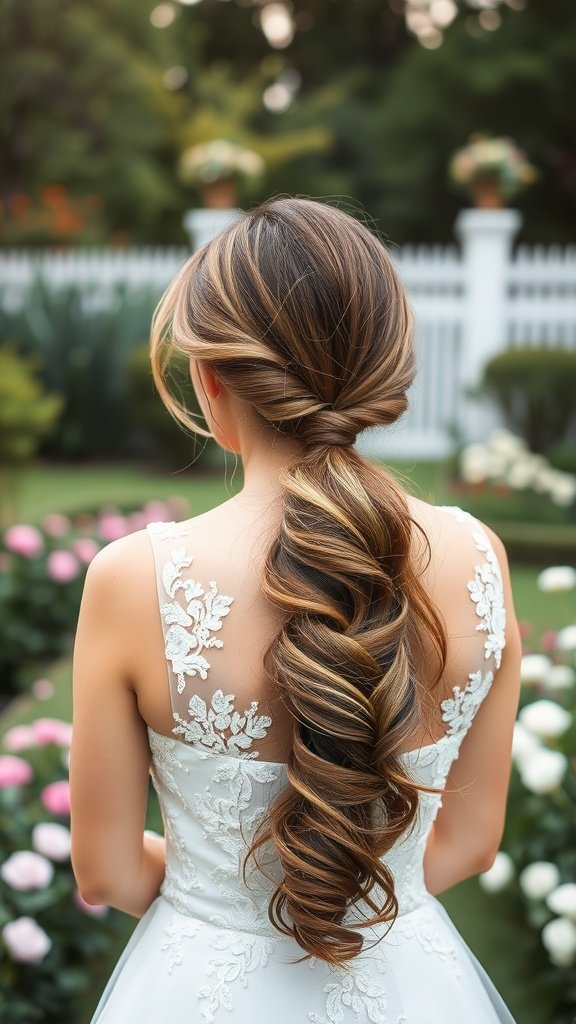 A bride with a textured ponytail hairstyle decorated with loose strands, standing in a garden filled with flowers.