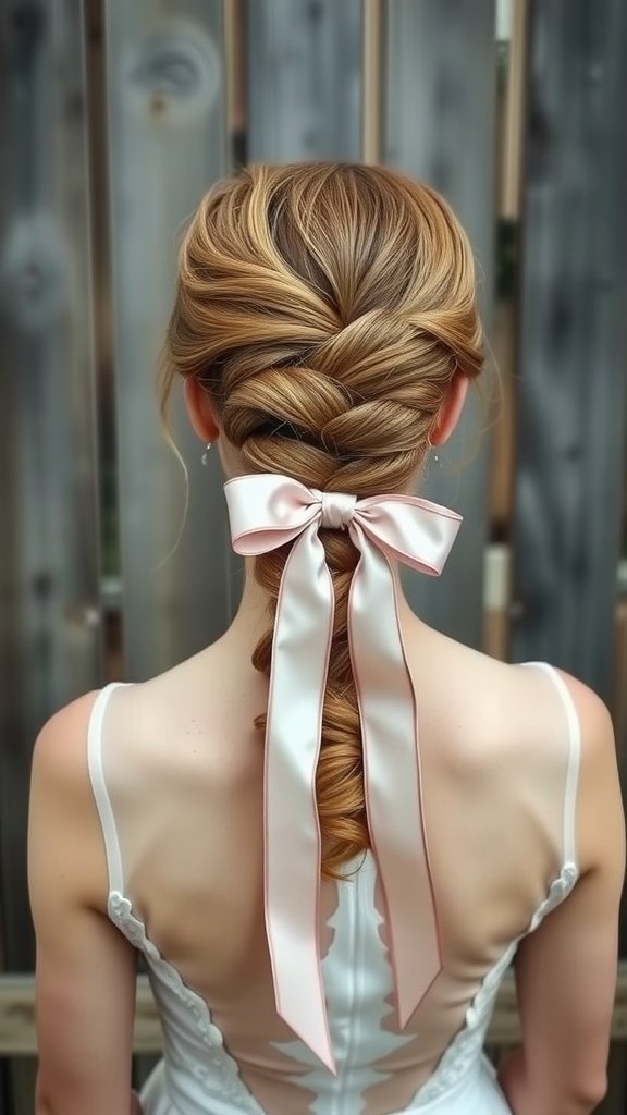 A bride's back view showcasing a textured ponytail with a braid and a pink ribbon.