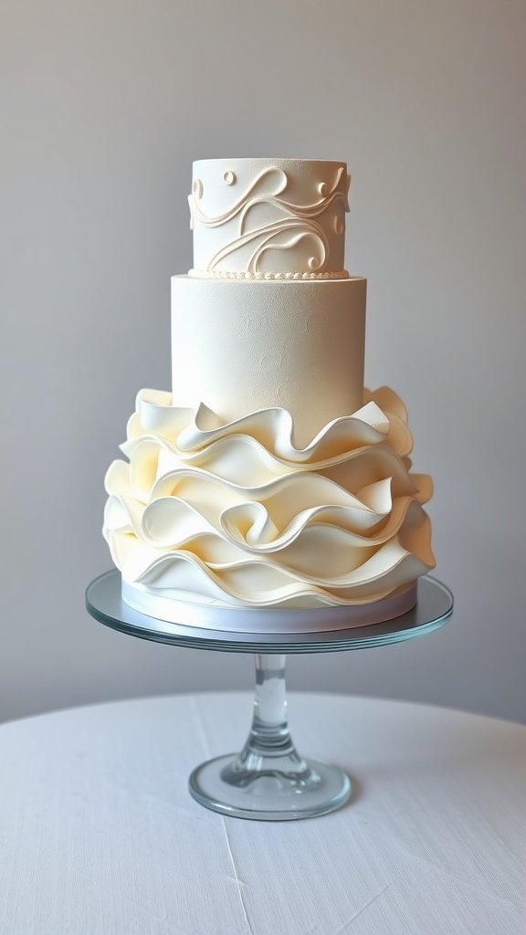 A modern wedding cake with textured surfaces, featuring a smooth top tier and a ruffled bottom tier.