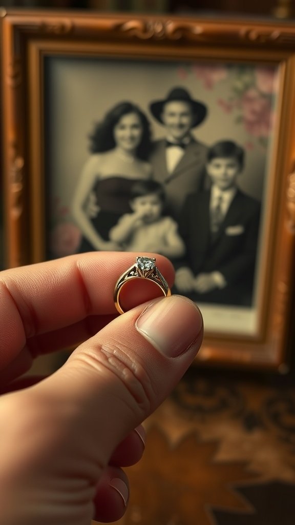 A hand holding an engagement ring in front of a vintage family photo.