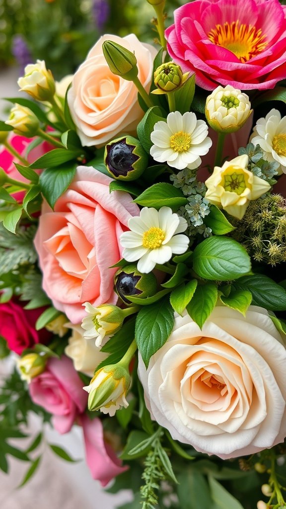 A bouquet featuring roses and various flowers, surrounded by lush green leaves.