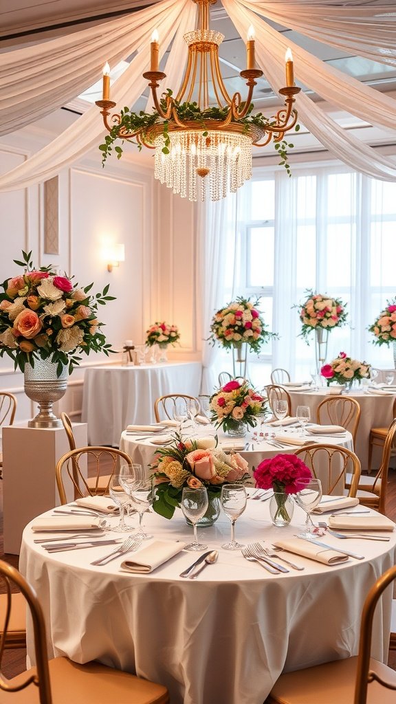 A beautifully decorated wedding venue with elegant tables, floral arrangements, and chandelier lighting.