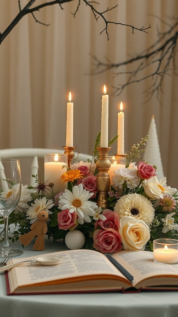 A whimsical wedding centerpiece featuring flowers, candles, and an open book.