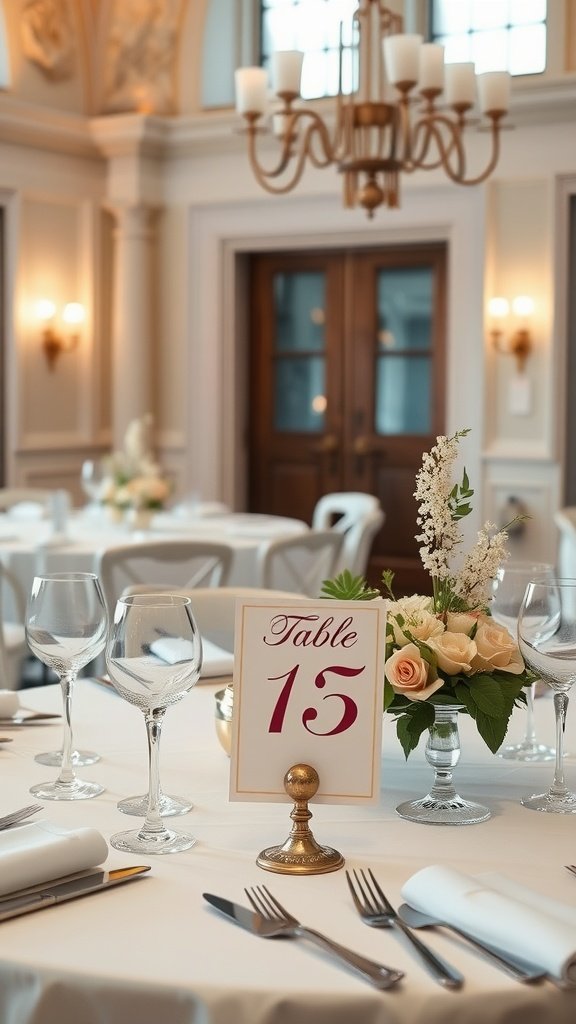 An elegantly set wedding table with a table number '15' displayed prominently along with flowers and glassware.