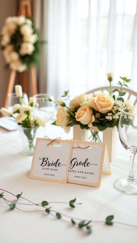 A beautifully arranged bride and groom table with floral decorations and place cards