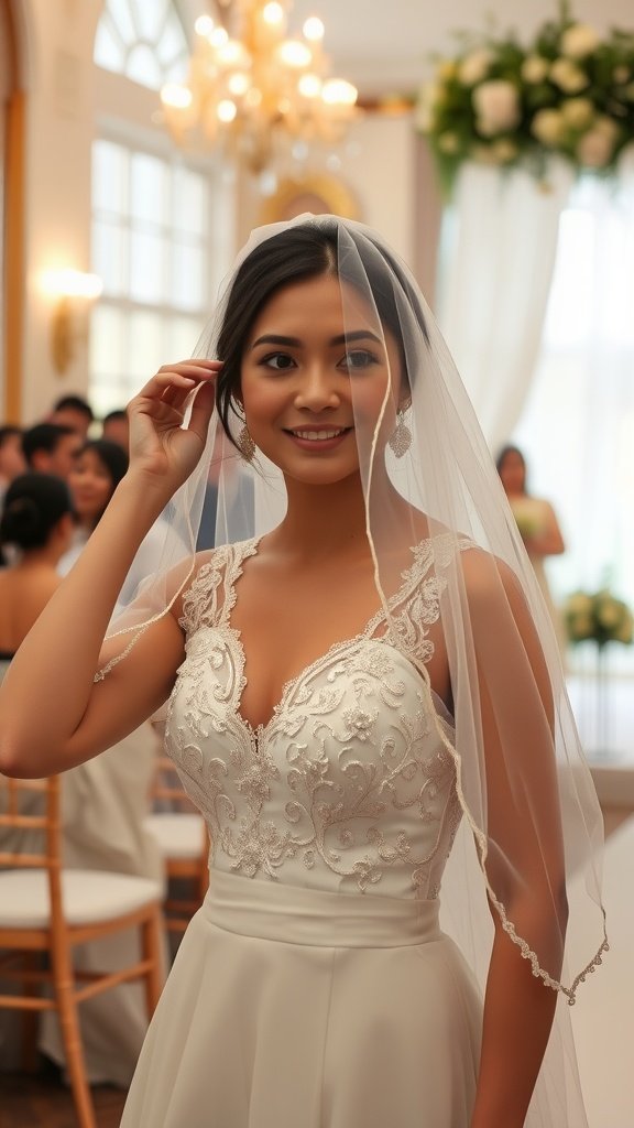 A bride with a wedding veil, smiling and adjusting her hair, in an elegant indoor setting.