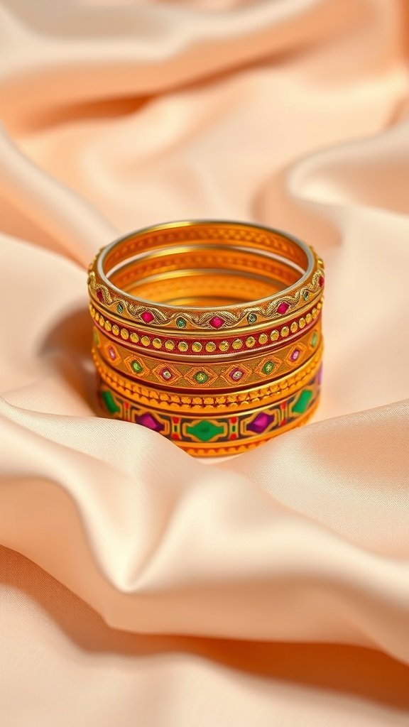 Traditional gold bangles with intricate meenakari designs in vibrant colors stacked on a soft fabric