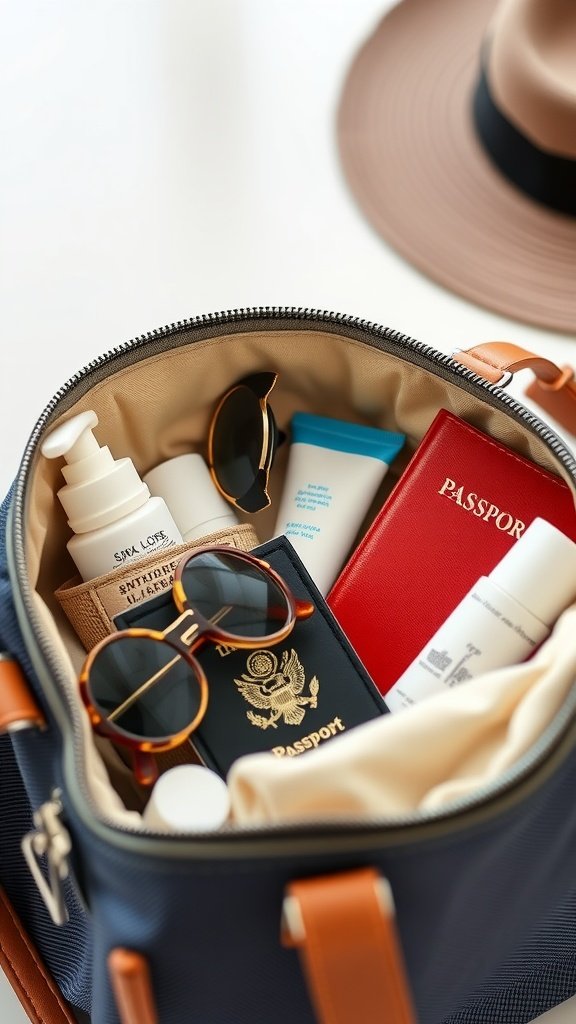 A packed travel bag with sunglasses, a passport, and toiletries for a honeymoon.