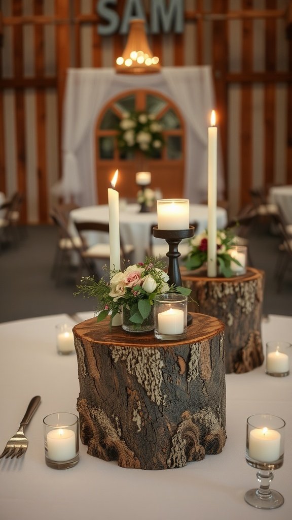 Rustic wedding centerpiece featuring tree stumps, candles, and floral arrangements.