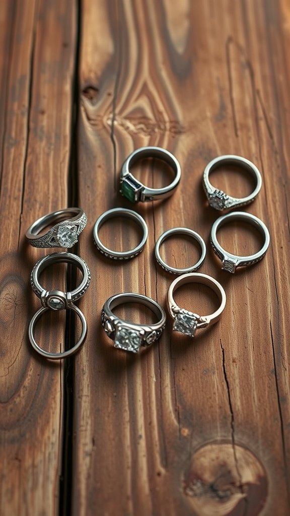 A variety of wedding and engagement rings displayed on a wooden surface