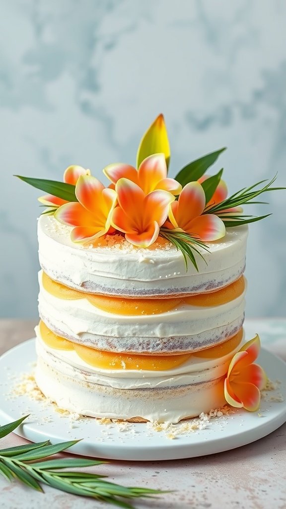 A three-layered tropical coconut and pineapple cake adorned with orange flowers and green leaves.