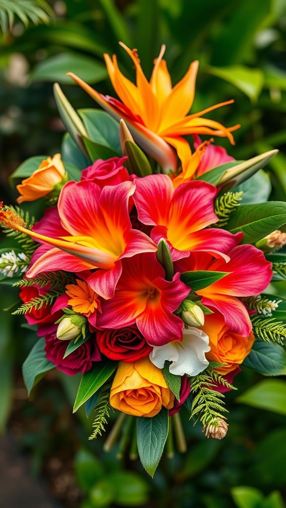 A vibrant tropical bridal bouquet featuring lilies, roses, and birds of paradise in bright colors.