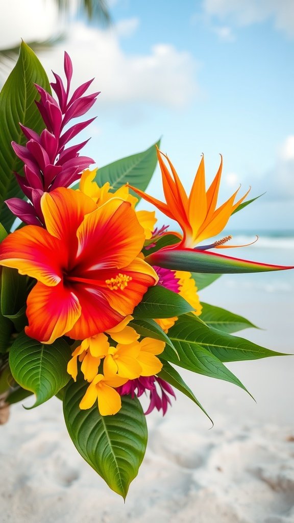 A vibrant tropical flower bouquet featuring hibiscus, bird of paradise, and yellow flowers against a beach background.