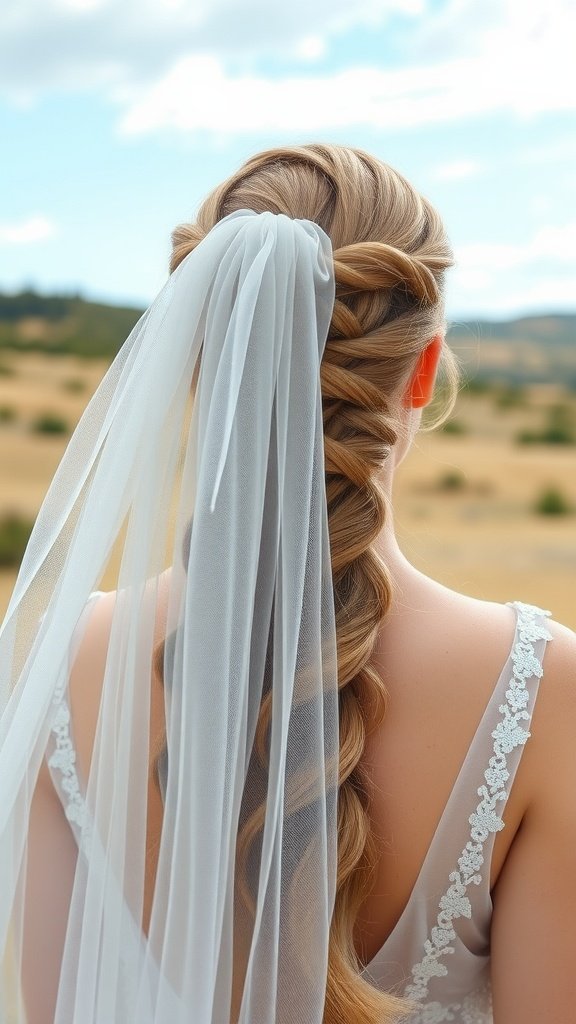 A bride with a twisted halo braid hairstyle adorned with a veil, showcasing an elegant look in a natural outdoor setting.