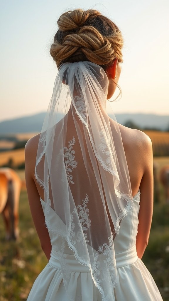 A bride with a twisted updo hairstyle and embroidered veil, standing in a natural setting.