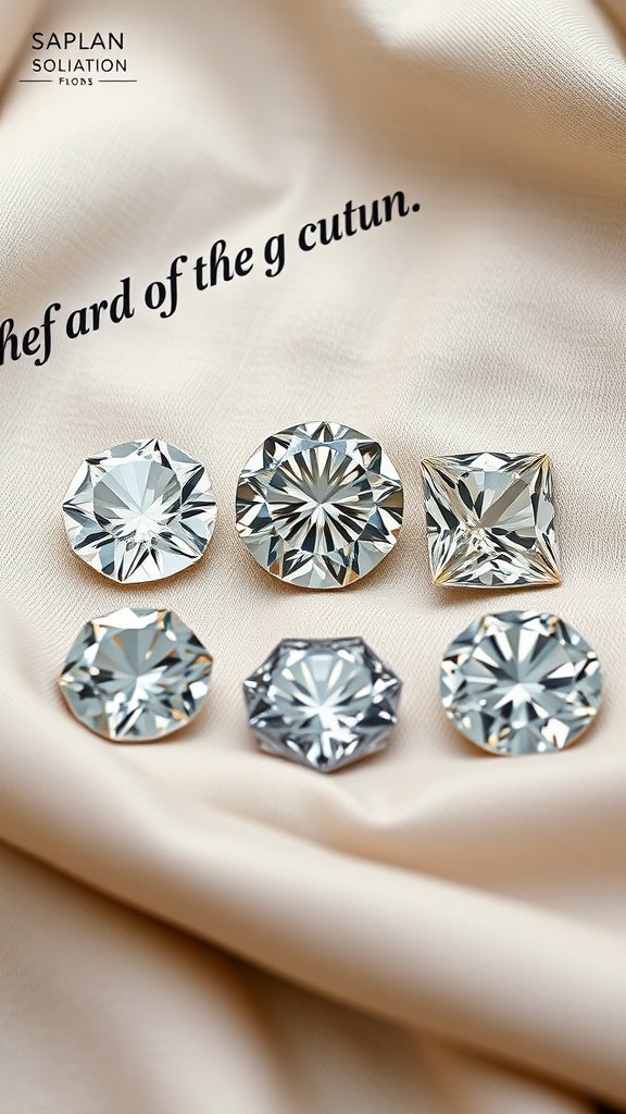 Different diamond cuts displayed on a soft fabric background.