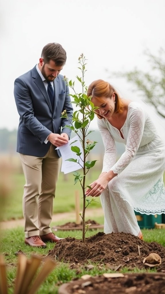 A couple plants a small tree together during their wedding ceremony, symbolizing their growing love.