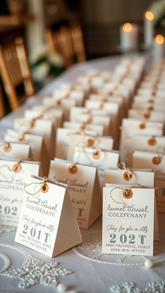 A beautifully arranged bridal table with unique favors for guests, featuring tags and elegant presentation.