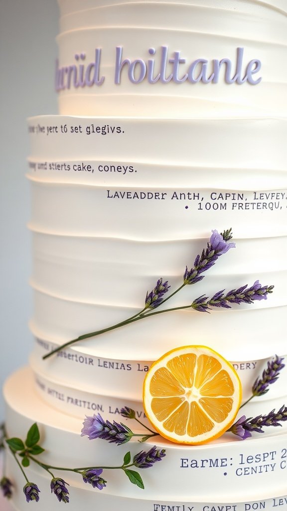 A modern wedding cake with a sleek design featuring lemon and lavender flavors, garnished with fresh lavender sprigs and a slice of lemon.