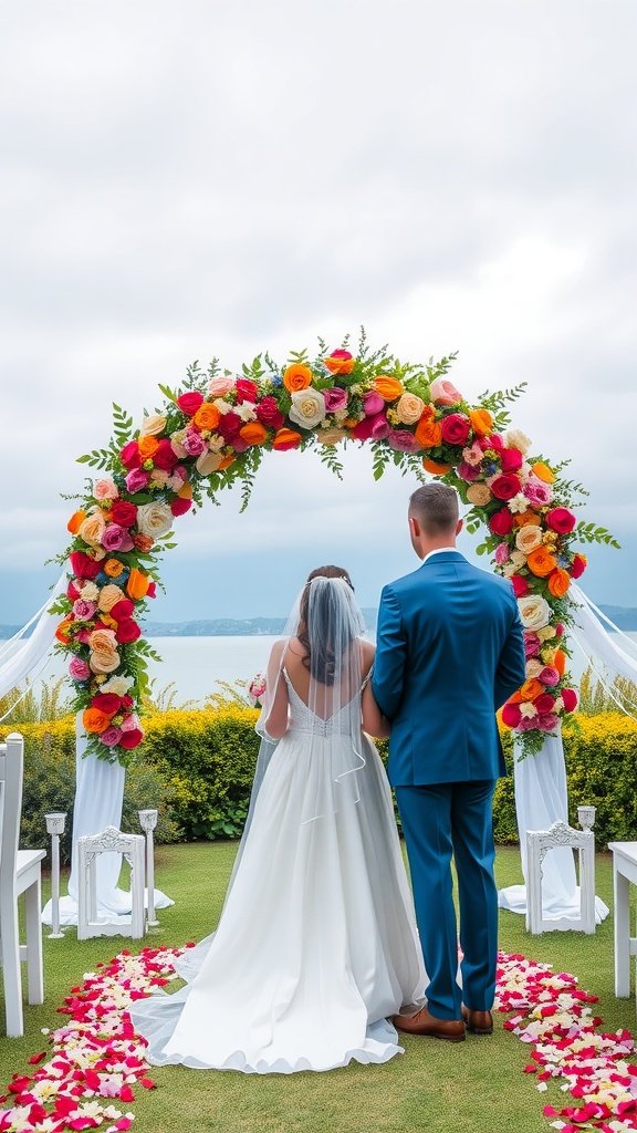 A bride and groom standing under a colorful floral archway with roses and greenery, overlooking a scenic view.