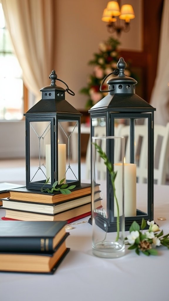 A beautifully decorated table for the bride and groom featuring lanterns, books, and flowers.