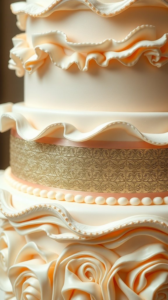 A luxurious wedding cake with ruffles and a gold band.