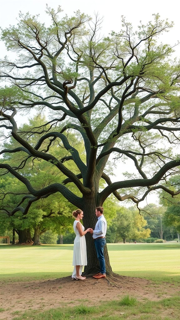 A couple exchanging vows in front of a large tree during an outdoor wedding ceremony.