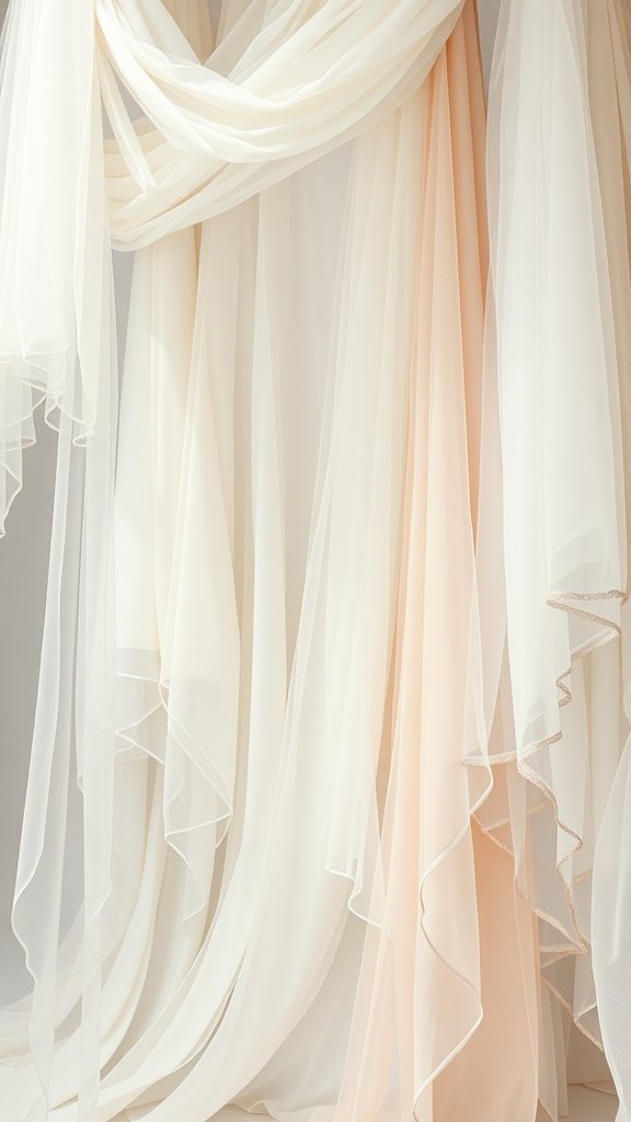 Variety of bridal veils in white, ivory, and soft peach hanging gracefully.