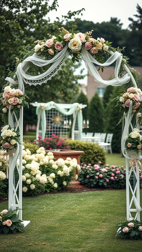 A vintage-inspired wedding arch decorated with lace, ribbons, and pastel flowers in a garden setting.