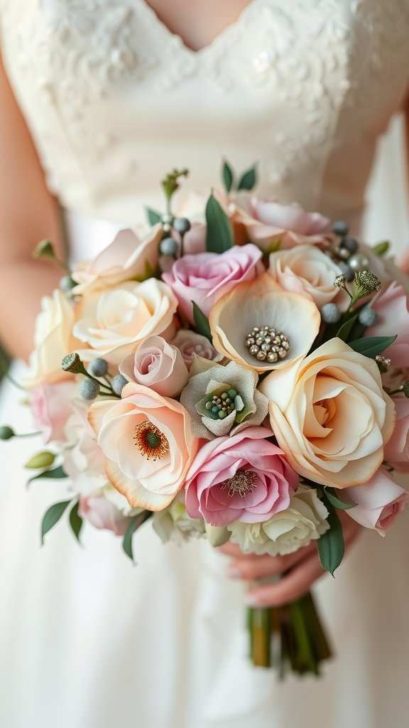 A vintage-inspired bridal bouquet featuring soft pink and cream roses, accented with small blue-green details, held by a bride in a wedding dress.