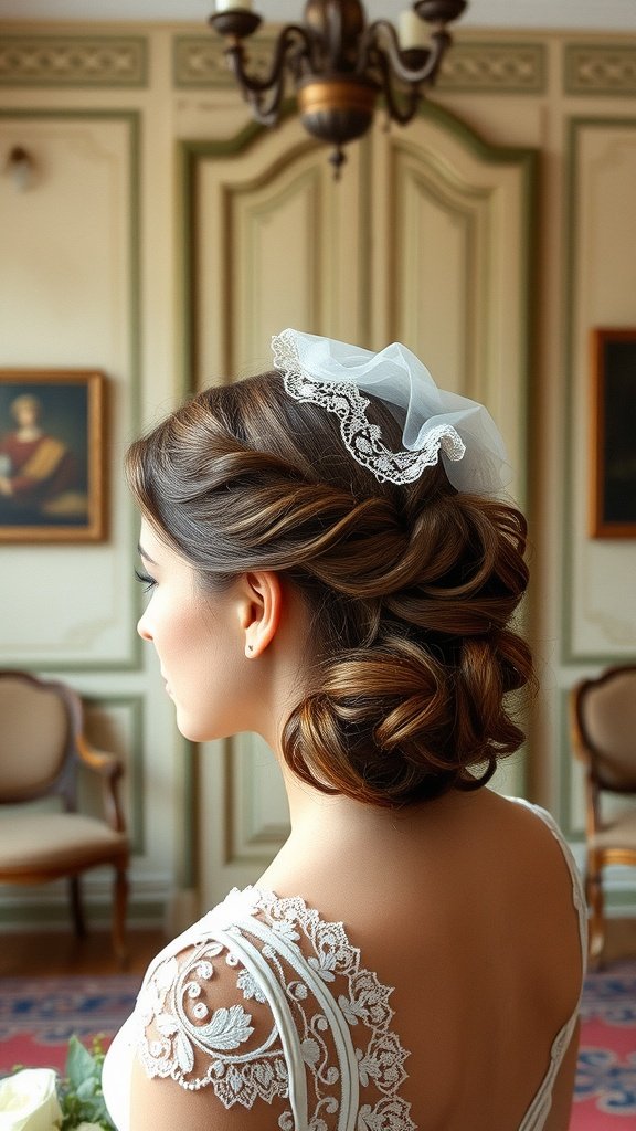 A bride with vintage-inspired half-up roll hairstyle, complemented by a lace veil.