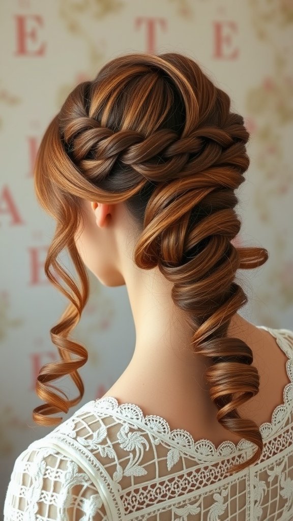 A vintage-inspired ponytail hairstyle featuring intricate braiding and soft curls, complemented by side bangs and a delicate lace bridal outfit.