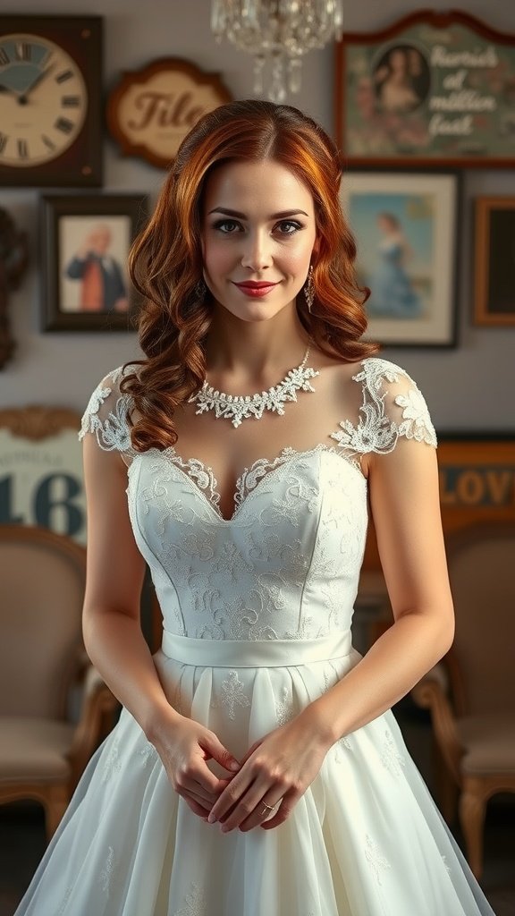 Bride with vintage-inspired retro waves and a detailed wedding dress.