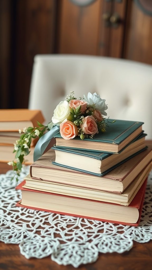 A stack of vintage books adorned with a floral arrangement, featuring soft-colored roses and greenery, placed on a lace doily.