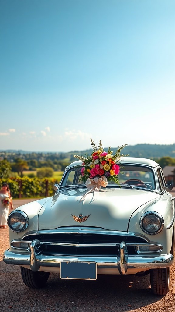 A vintage car decorated with flowers, parked under a clear sky, with a bride in the background.