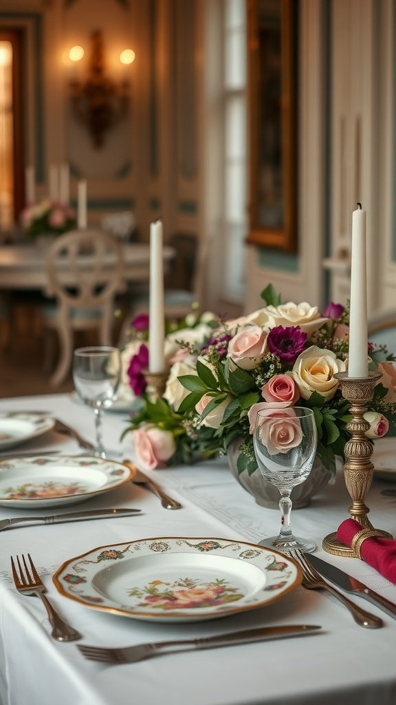 A beautifully set wedding table featuring vintage china, elegant cutlery, and floral arrangements.