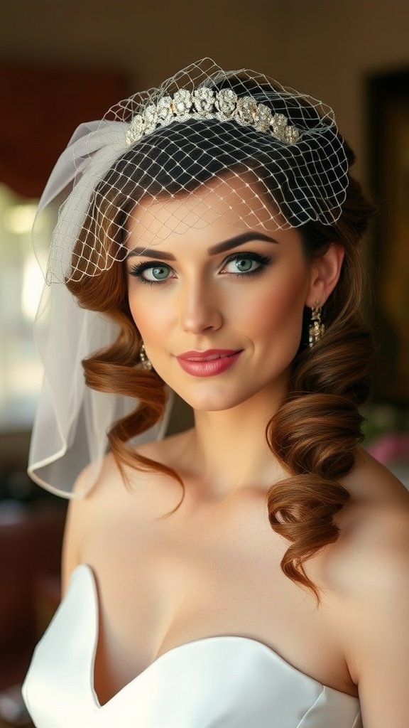A bride with vintage finger waves hairstyle and a birdcage veil, showcasing elegance and sophistication.
