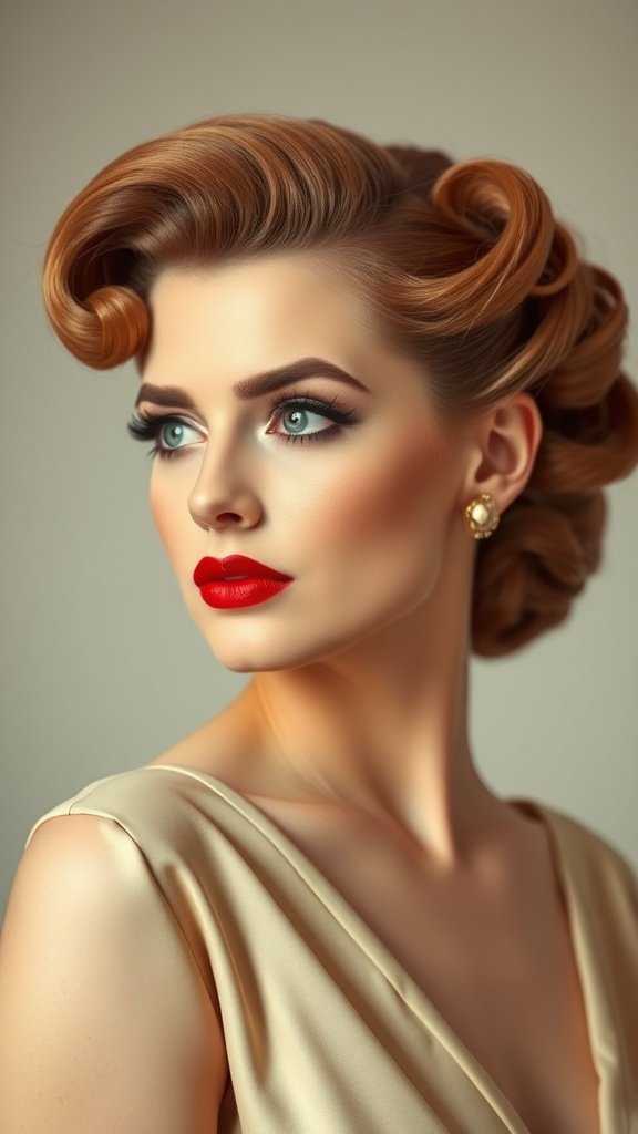 A woman with vintage finger wave hairstyle and bold red lips, showcasing classic glamour.