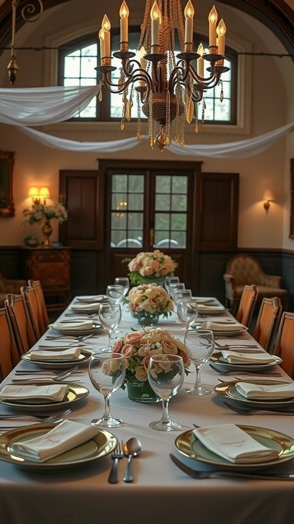 A beautifully arranged wedding table featuring vintage glassware and dinnerware with floral centerpieces.