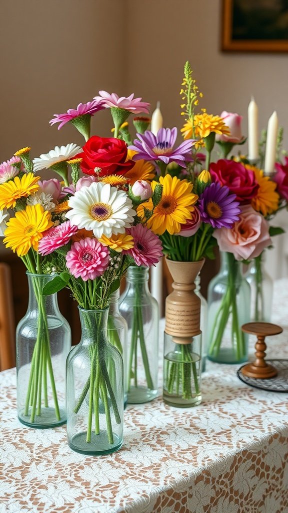 A table adorned with vintage glassware filled with colorful flowers, set against a lace tablecloth.