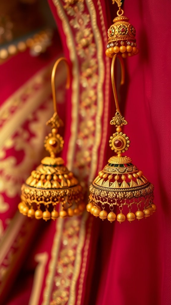 Vintage gold jhumkas with intricate designs, displayed against a rich red background