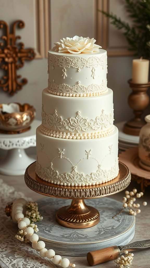 A vintage inspired three-tier cake decorated with lace, pearls, and a flower on top.