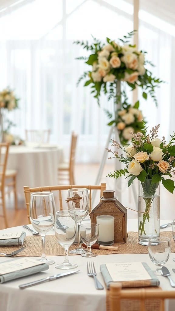 Table setting featuring vintage lace, burlap, and floral arrangements in a rustic wedding venue.