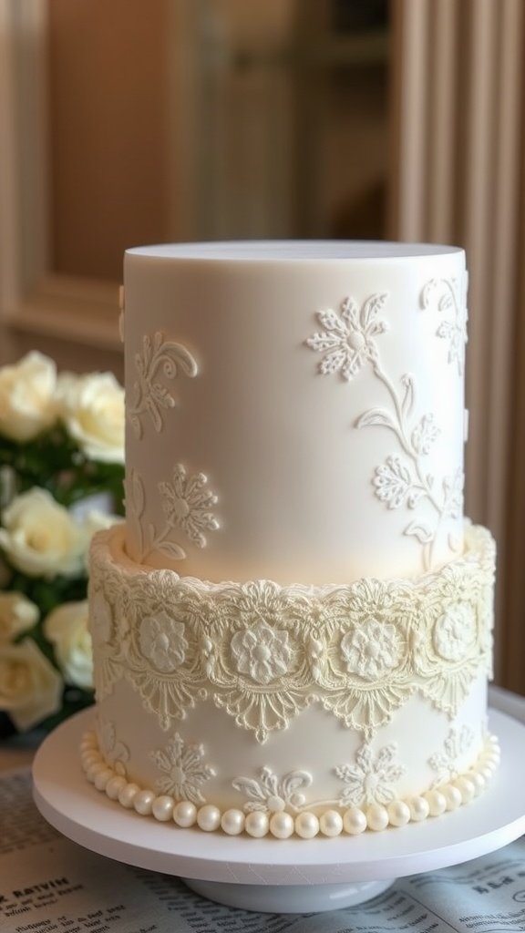 A beautifully designed vintage lace cake with pearl accents, perfect for a bridal shower.